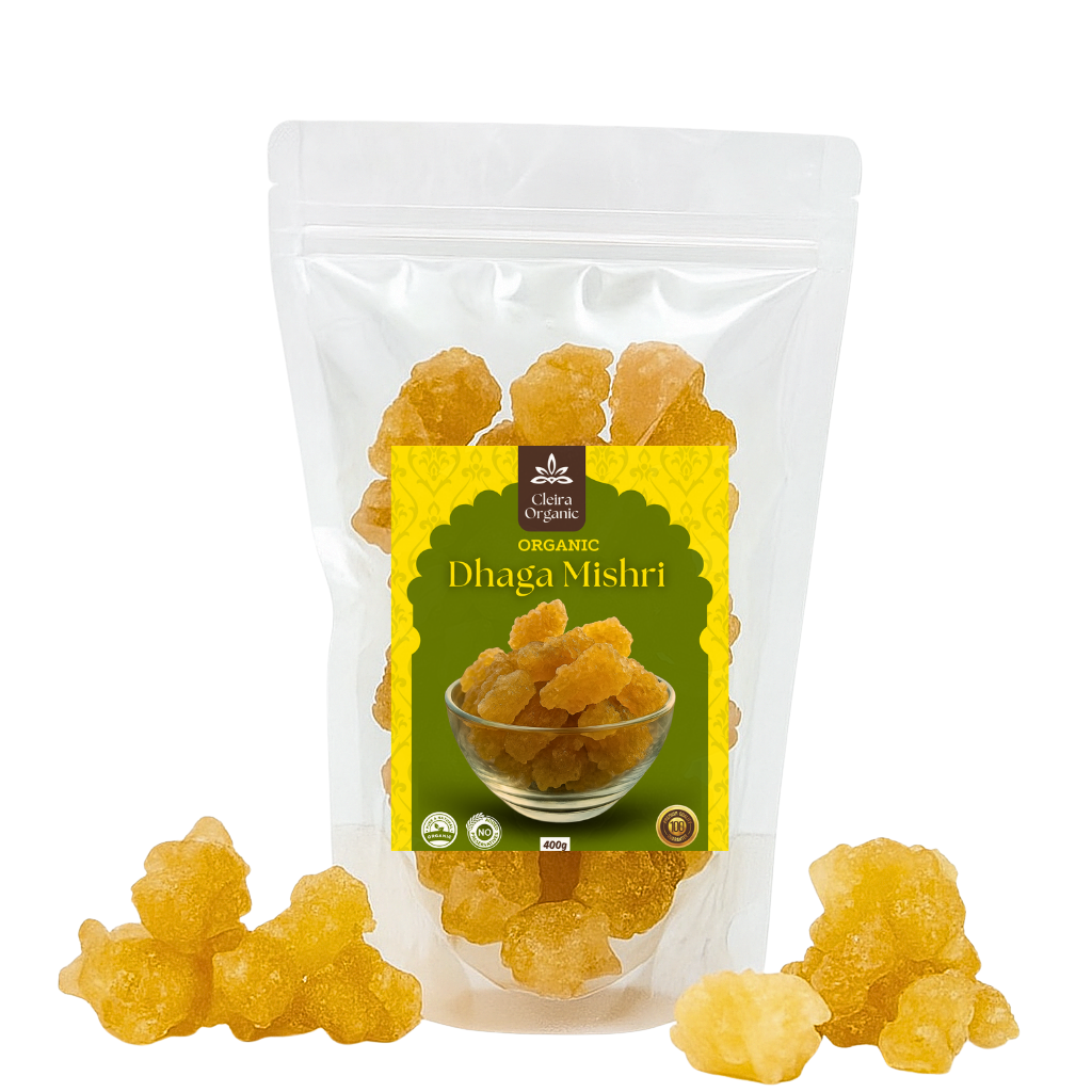 Packaged organic Dhaga Mishri with a clear front view on a white background