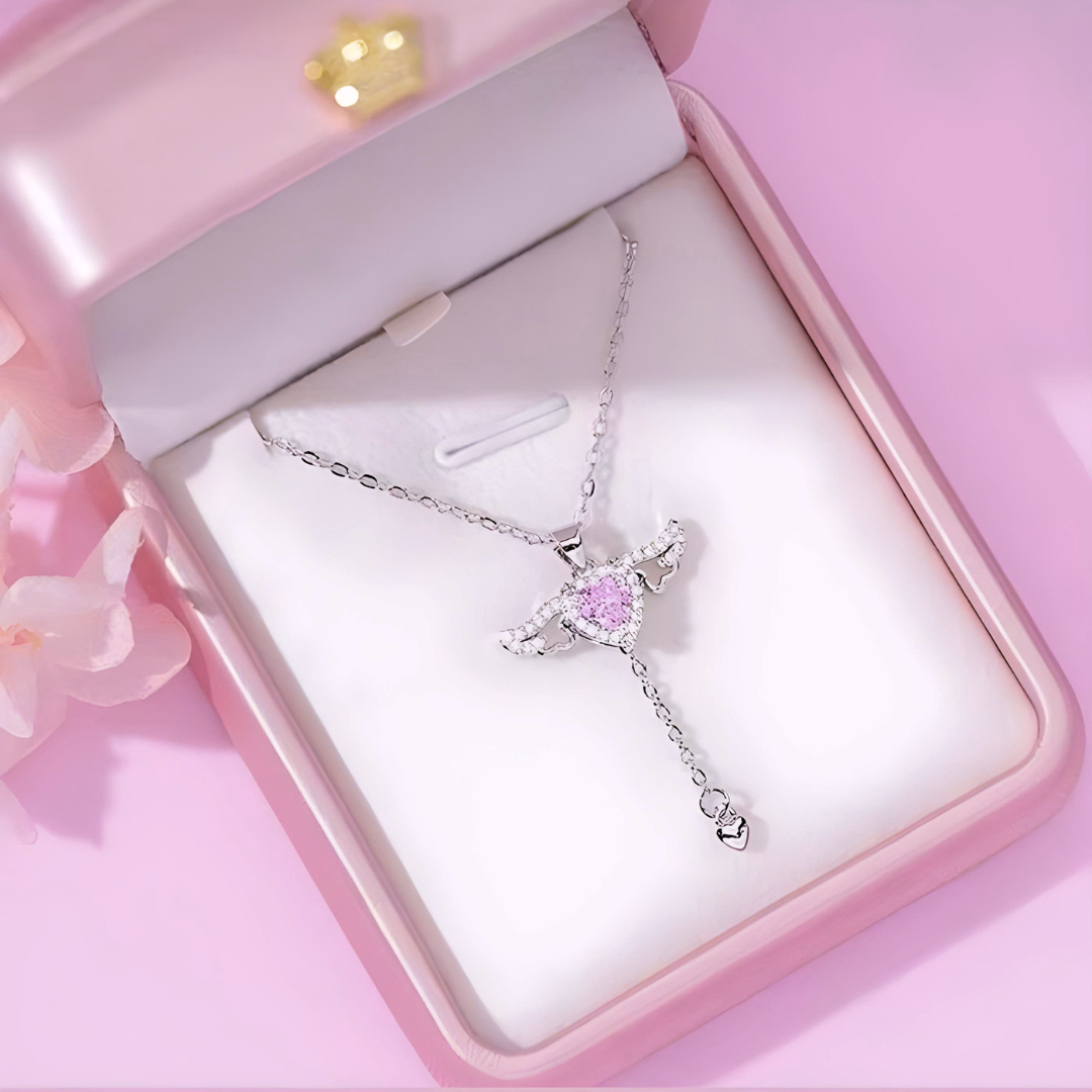 Angel Heart Wing Pendant Necklace – Pink Crystal