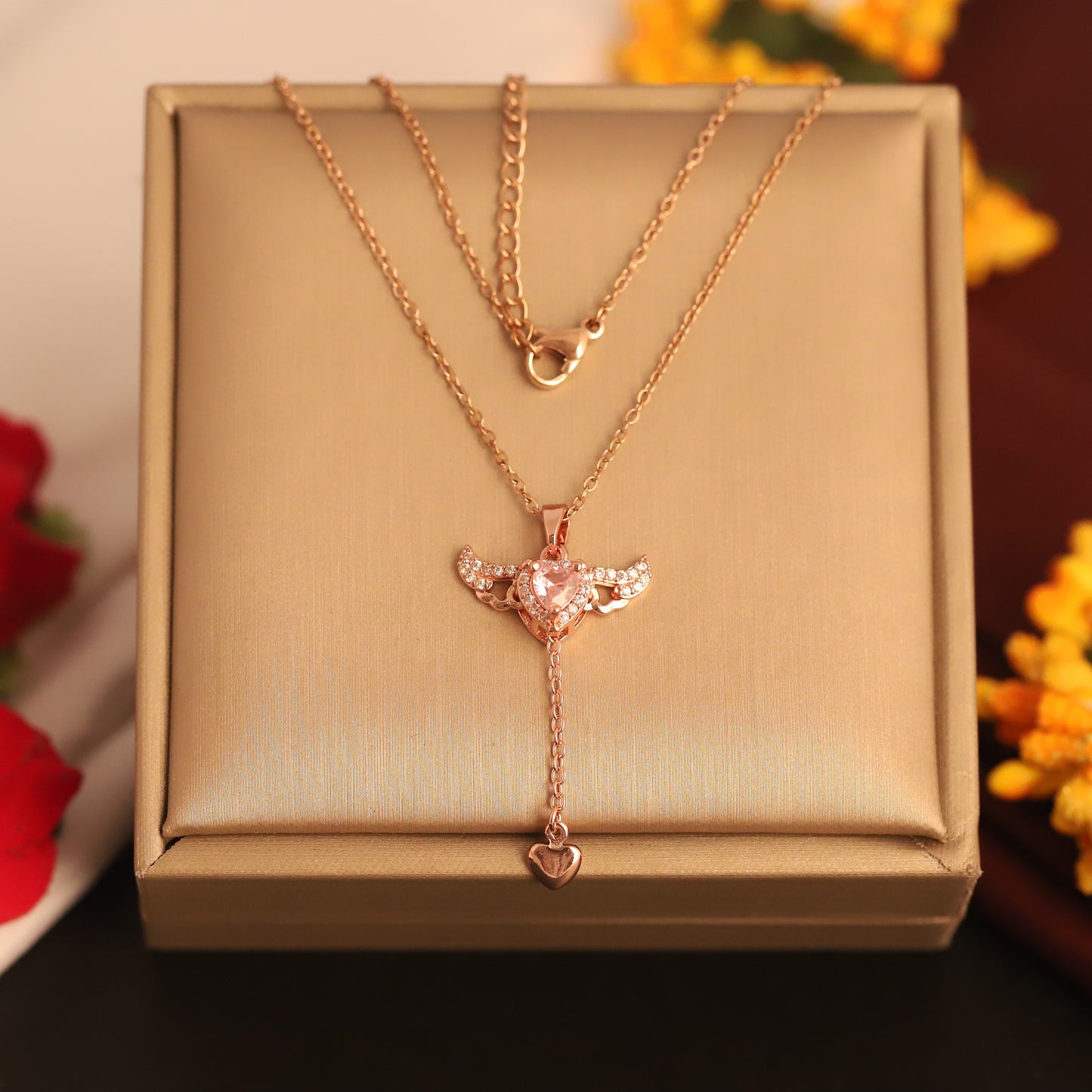 Angel Heart Wing Pendant Necklace – Pink Crystal