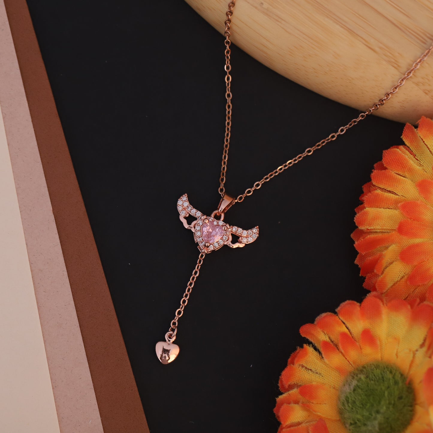 Angel Heart Wing Pendant Necklace – Pink Crystal