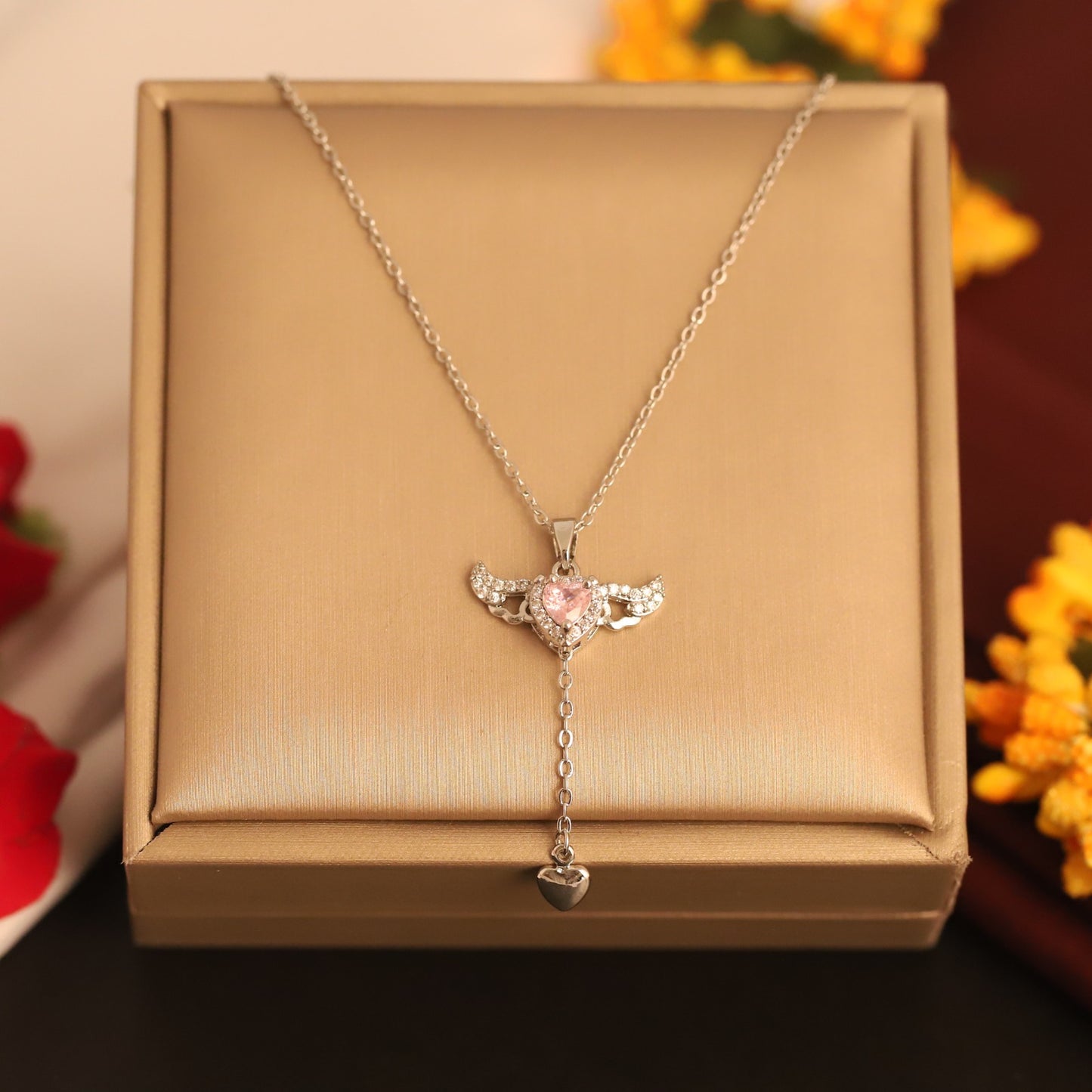 Angel Heart Wing Pendant Necklace – Pink Crystal