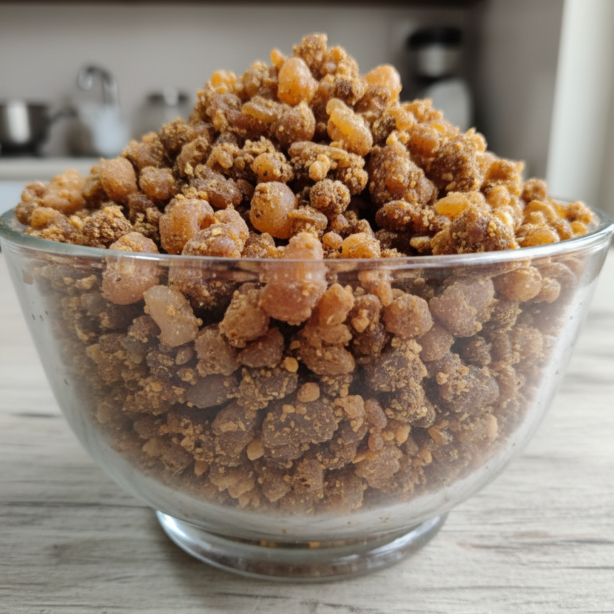 Glass bowl filled with brown hing crystals on a wooden surface