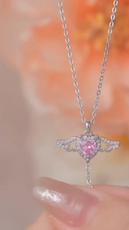Angel Heart Wing Pendant Necklace – Pink Crystal